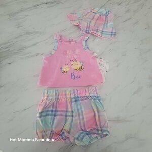 Infant Pink Plaid Bucket Hat 3 Piece Short Set 3-6M